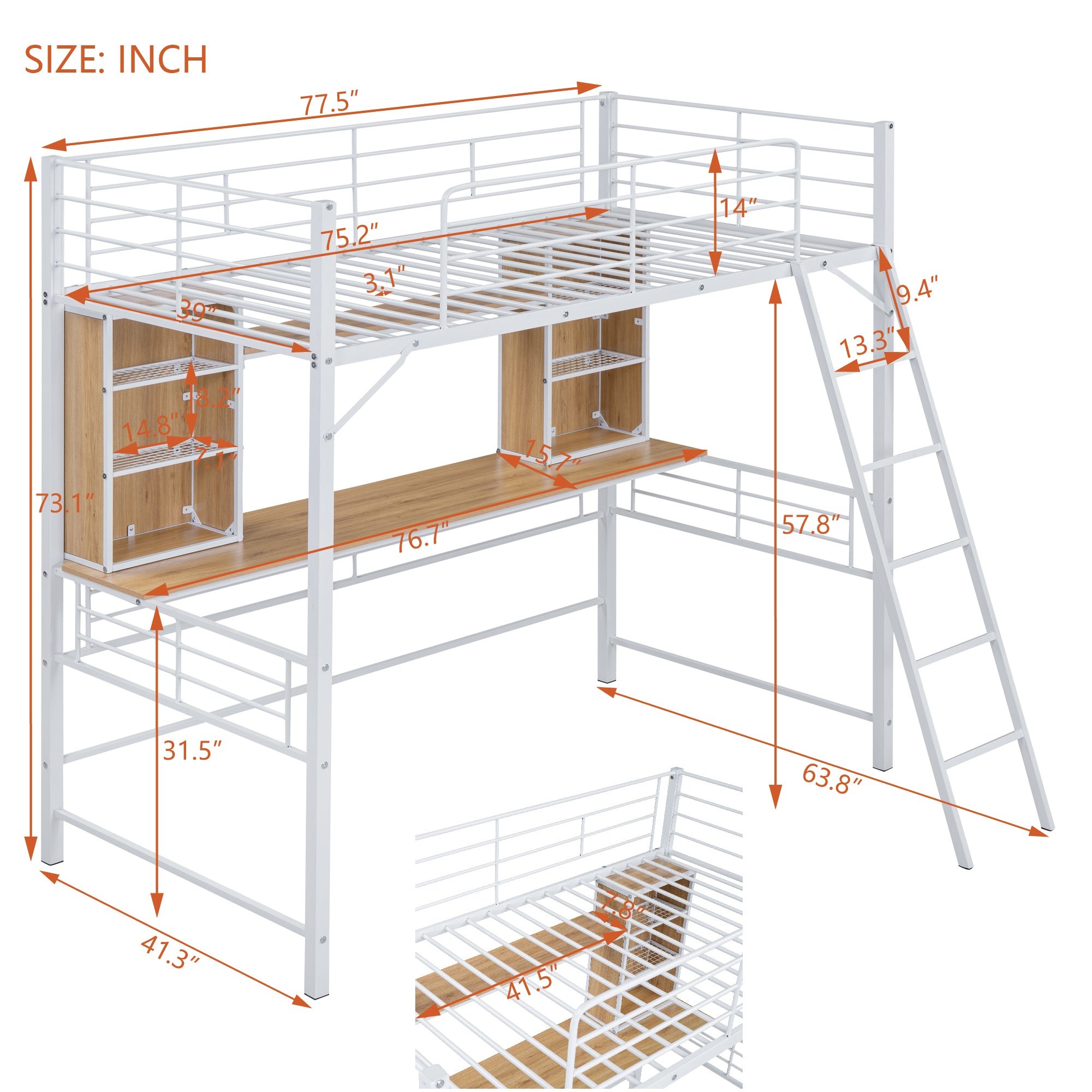 Twin Size Loft Bed with Desk and Shelf , Loft Bed with Ladder,Twin,White - Atlantic Fine Furniture Melbourne FL