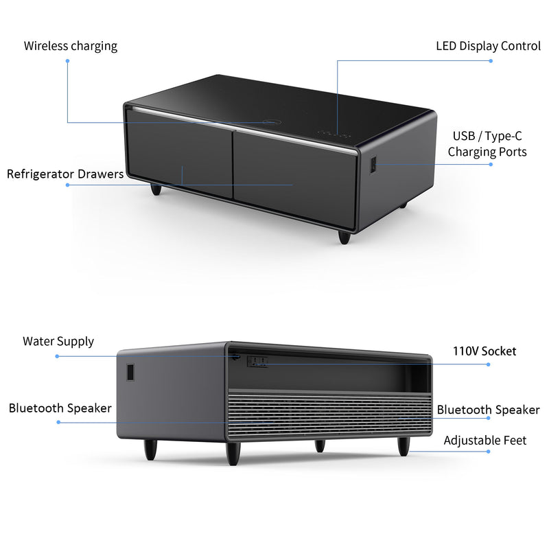 Modern Smart Coffee Table With Built-In Fridge, Bluetooth Speaker, Wireless Charging Module, Touch Control Panel, Power Socket, USB Interface, Outlet Protection, Atmosphere Light