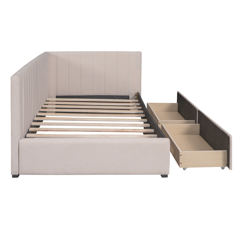 Upholstered Daybed with 2 Storage Drawers Twin Size Sofa Bed Frame No Box Spring Needed, Linen Fabric (Beige)