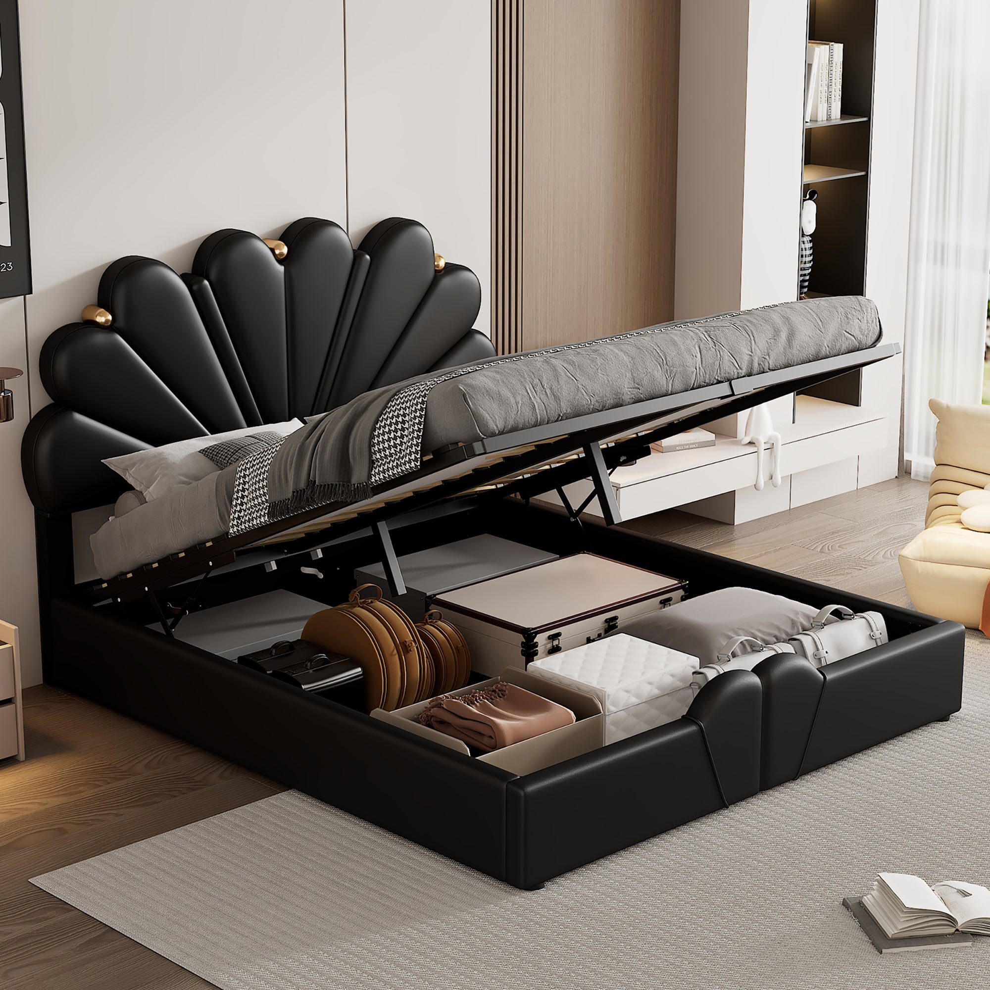 Queen Size Upholstered  Petal Shaped Platform Bed  with Hydraulic Storage System, PU Storage Bed, Decorated with metal balls, Black - Atlantic Fine Furniture Melbourne FL