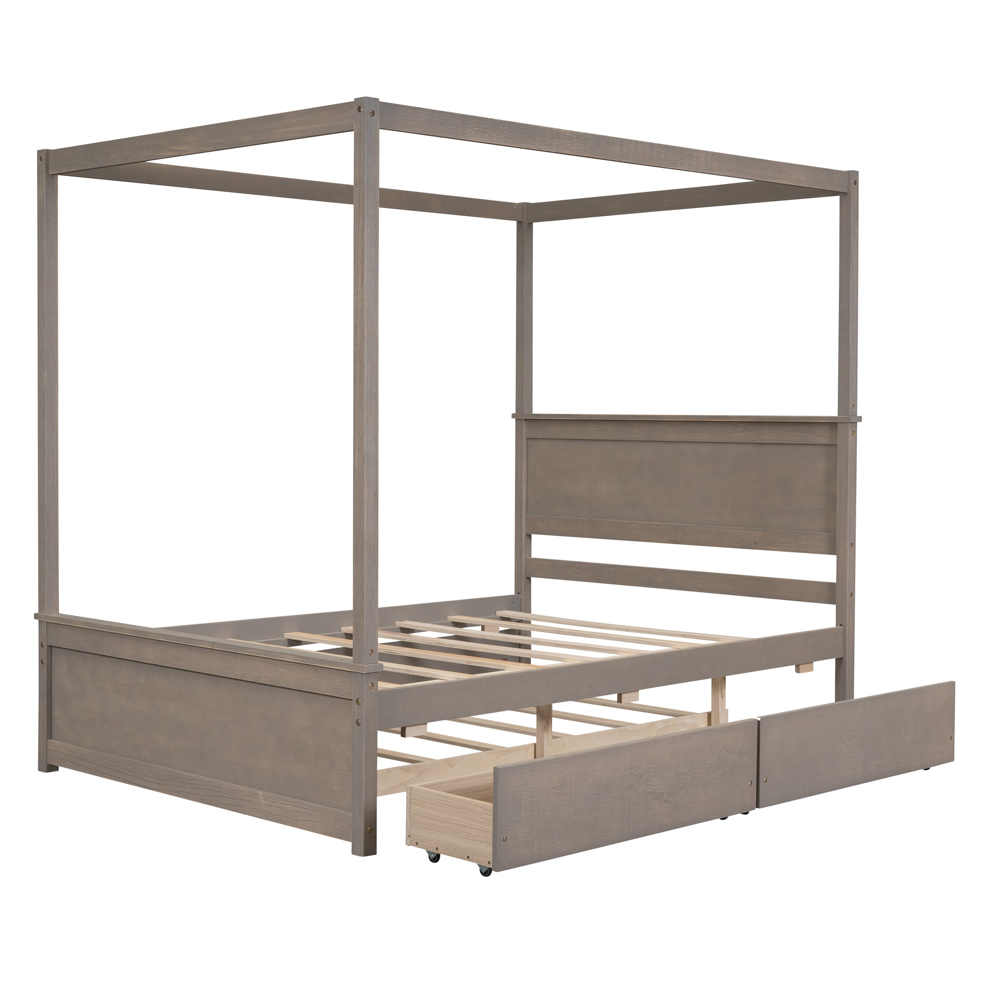 Wood Canopy Bed with Trundle Bed and two Drawers ,Full Size Canopy Platform bed With Support Slats .No Box Spring Needed, Brushed Light Brown - Atlantic Fine Furniture Melbourne FL