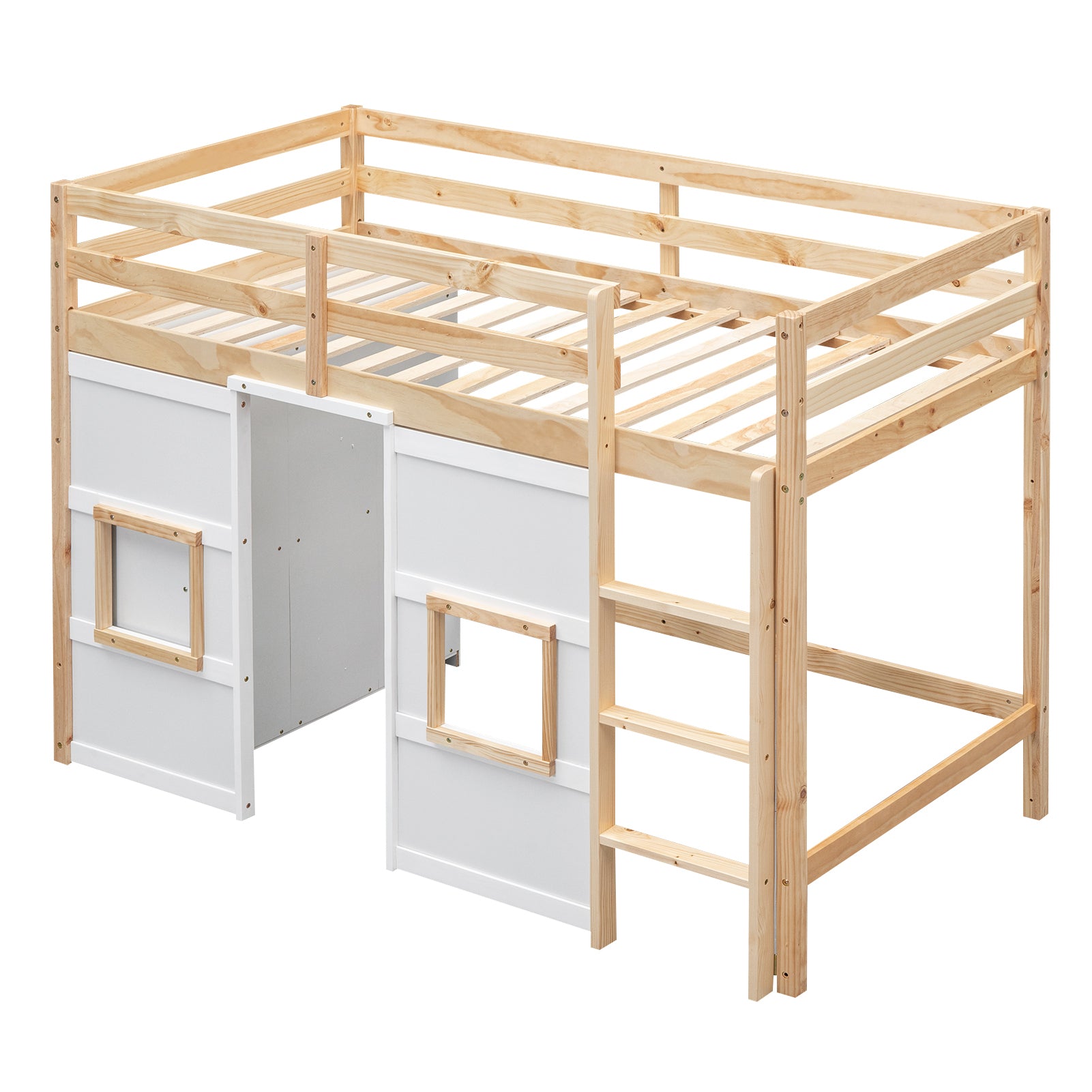Wood Twin Size Loft Bed with Built-in Storage Wardrobe and 2 Windows, Natural/White - Atlantic Fine Furniture Melbourne FL