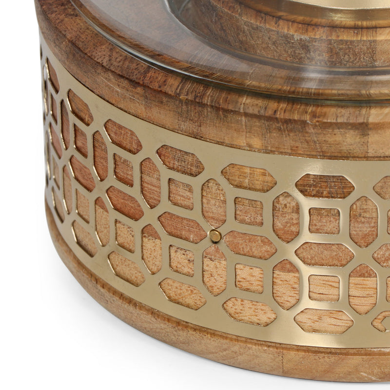 Lippert Boho Handcrafted Mango Wood Hurricane Candle Holder With Tempered Glass And Metal Accents, Large - Natural