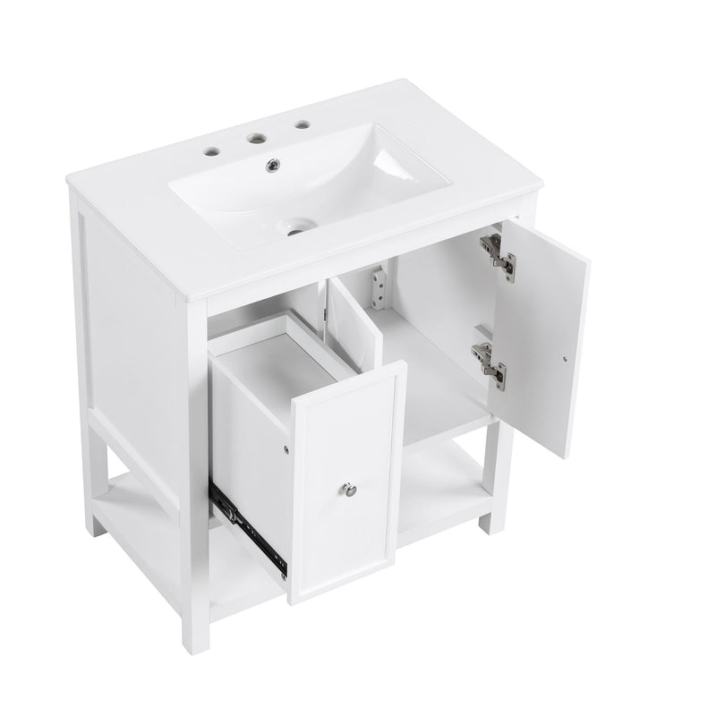 Bathroom Vanity With Sink Top, Bathroom Vanity Cabinet With Two Doors And One Drawer, MDF Boards, Solid Wood, One Package - White