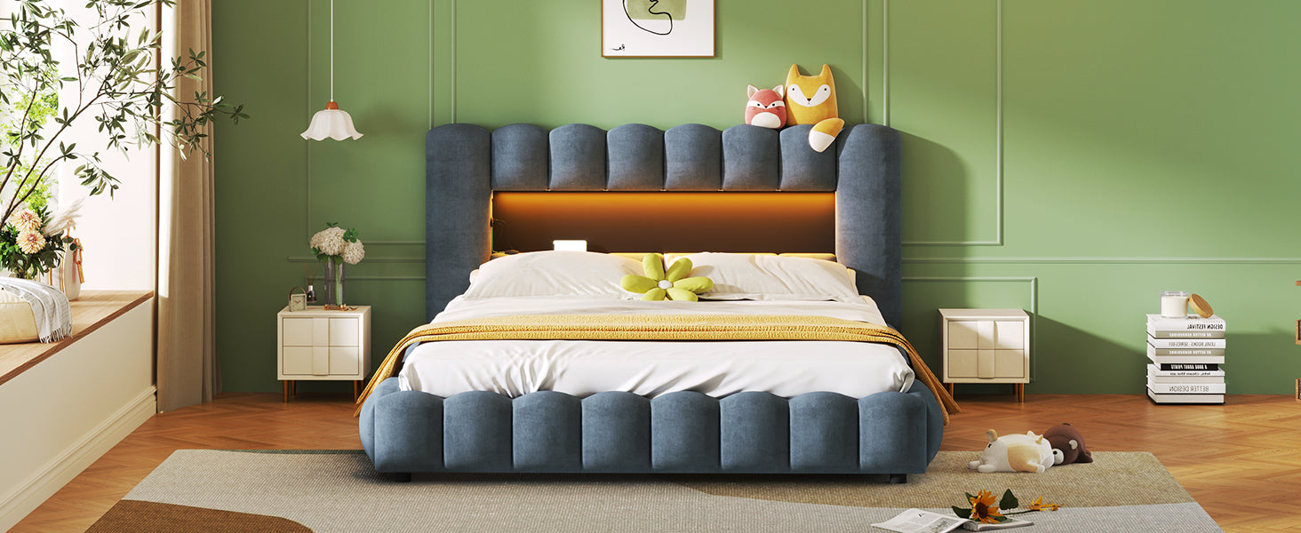 Queen Size Upholstered Platform Bed with LED Headboard and USB, Deep Blue - Atlantic Fine Furniture Melbourne FL