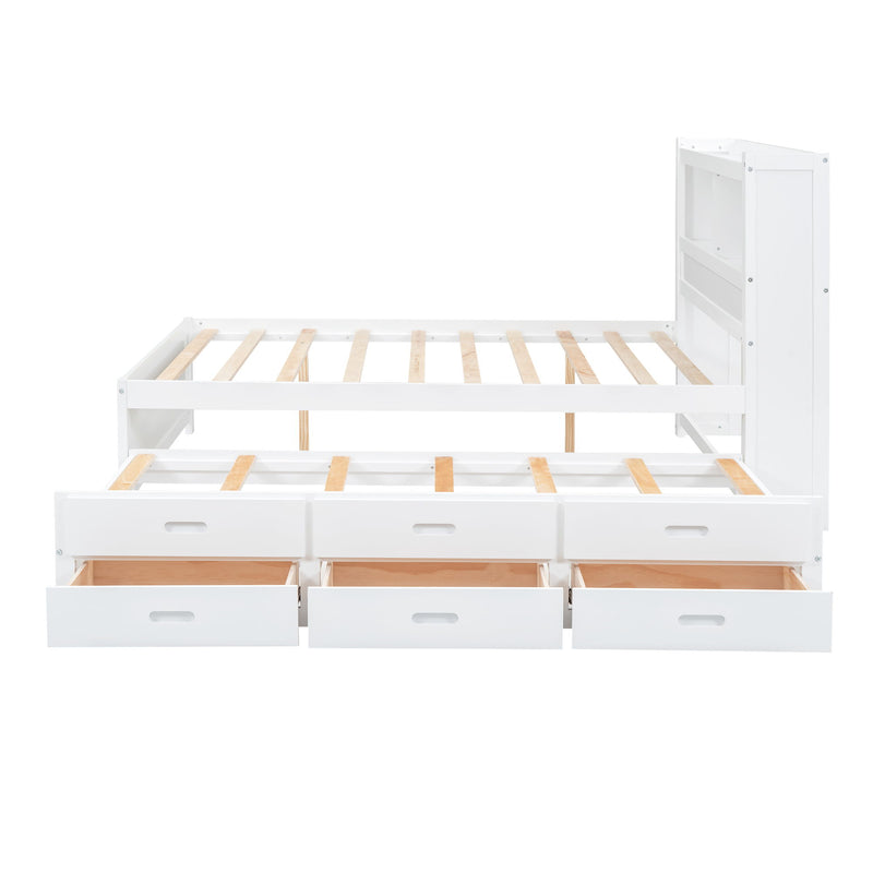 Full Size Platform Bed With Trundle, Drawers, USB Ports And Built In Shelves - White