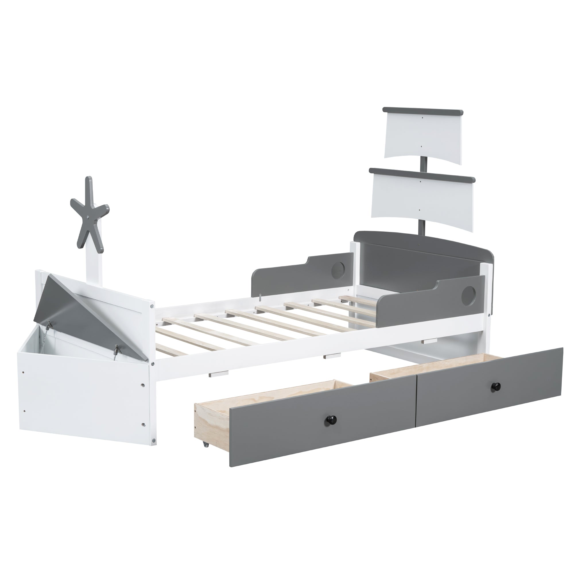 Twin Size Boat-Shaped Platform Bed with 2 Drawers,Twin Bed with Storage for Bedroom,Gray - Atlantic Fine Furniture Melbourne FL