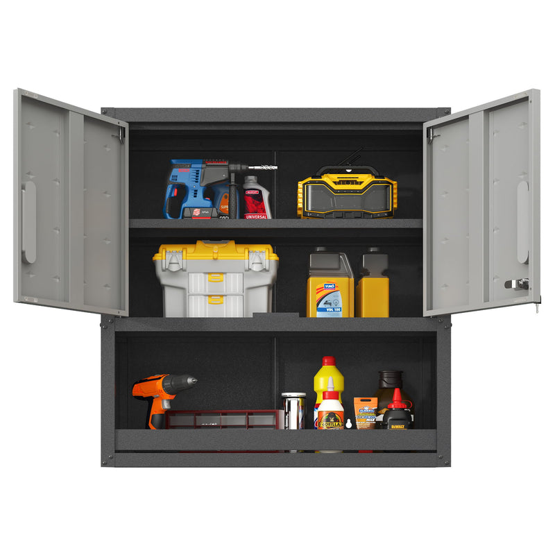 Metal Wall Mounted Tool Storage Cabinet With Locking Door, 1 Shelf & 1 Drawer