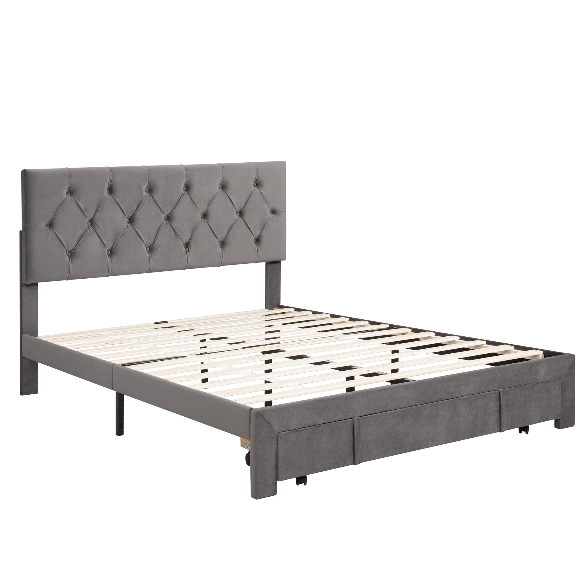 Queen Size Storage Bed Velvet Upholstered Platform Bed with a Big Drawer - Grey - Atlantic Fine Furniture Melbourne FL
