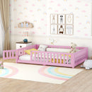 Full Size Bed Floor Bed with Safety Guardrails and Door for Kids, Pink