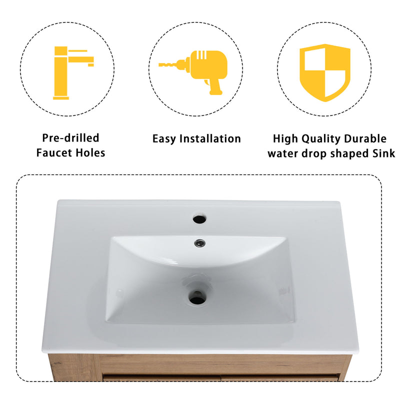 Modern Wall Mounted Bathroom Vanity With Sink And Storage Rack Soft Close Doors Plywood - Imitative Oak