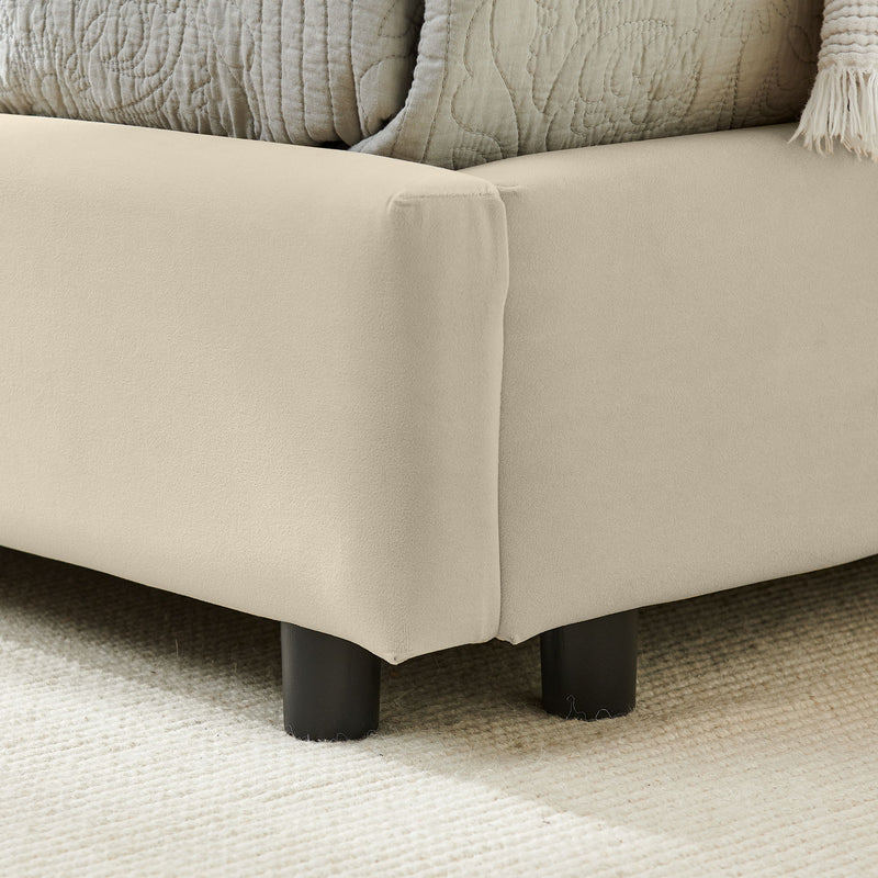 Mid-Century Upholstered Tufted Bed Frame With Backrest And Armrests