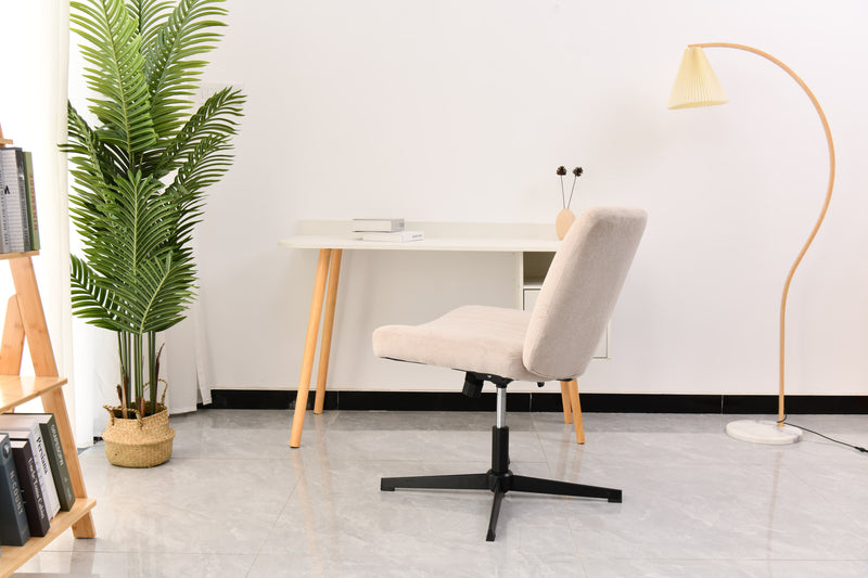 Cross Legged Office Chair, Wide Comfty Desk Chair, Vanity Home Chair No Wheels Armless Computer Task Chair, Swivel And Height Adjustable - Beige