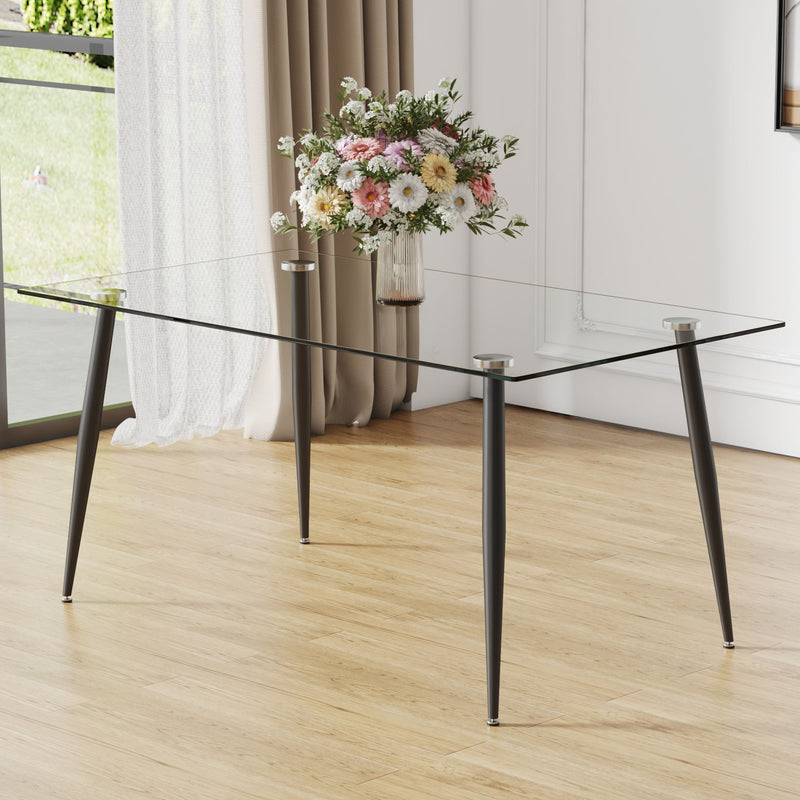 Modern Rectangular Glass Dining Table For 4 - 6 People With Tempered Glass Countertop