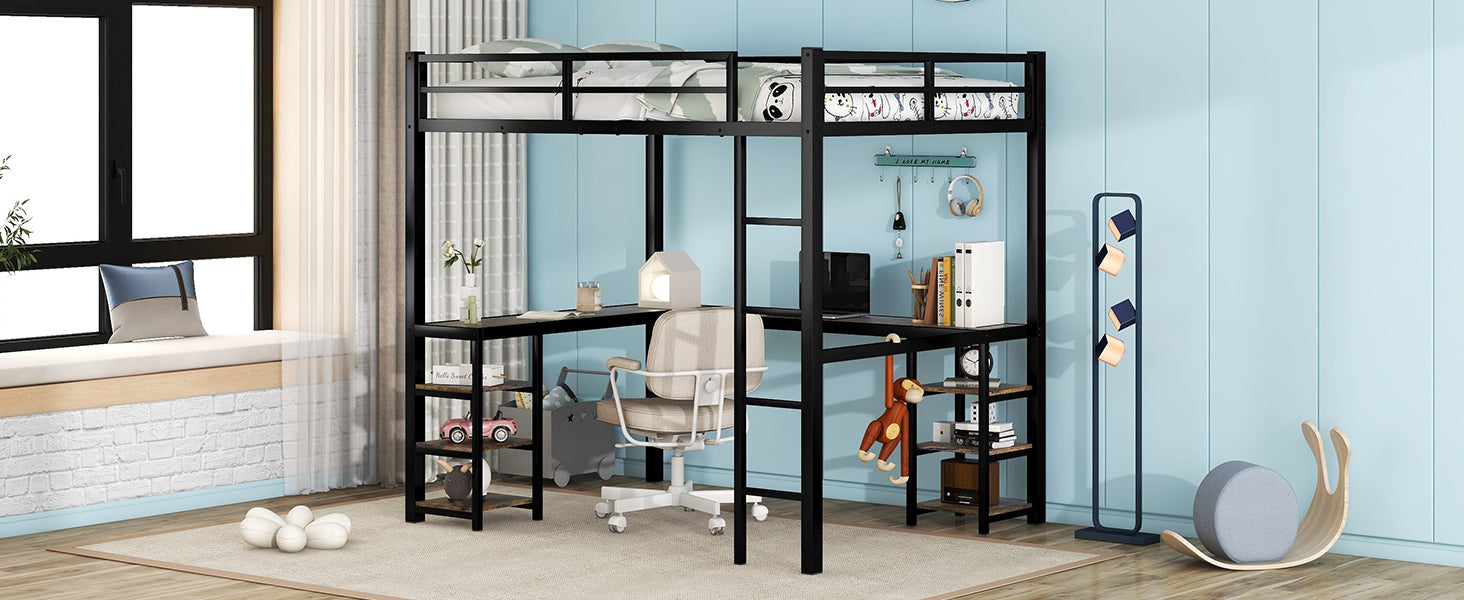Full Metal Loft Bed with Desk and Shelves, Loft Bed with Ladder and Guardrails, Loft Bed Frame for Bedroom, Black (Old SKU: W1307S00016) (Pre-sale date: 2024/3/7.)