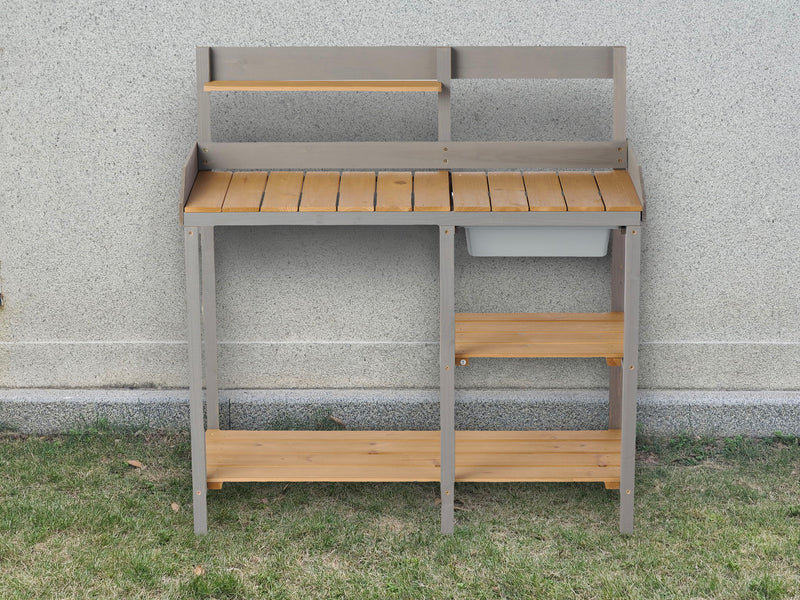 Outdoor Potting - Bench, Workstation Table With Cabinet For Backyard Garden Supplies - Gray / Brown