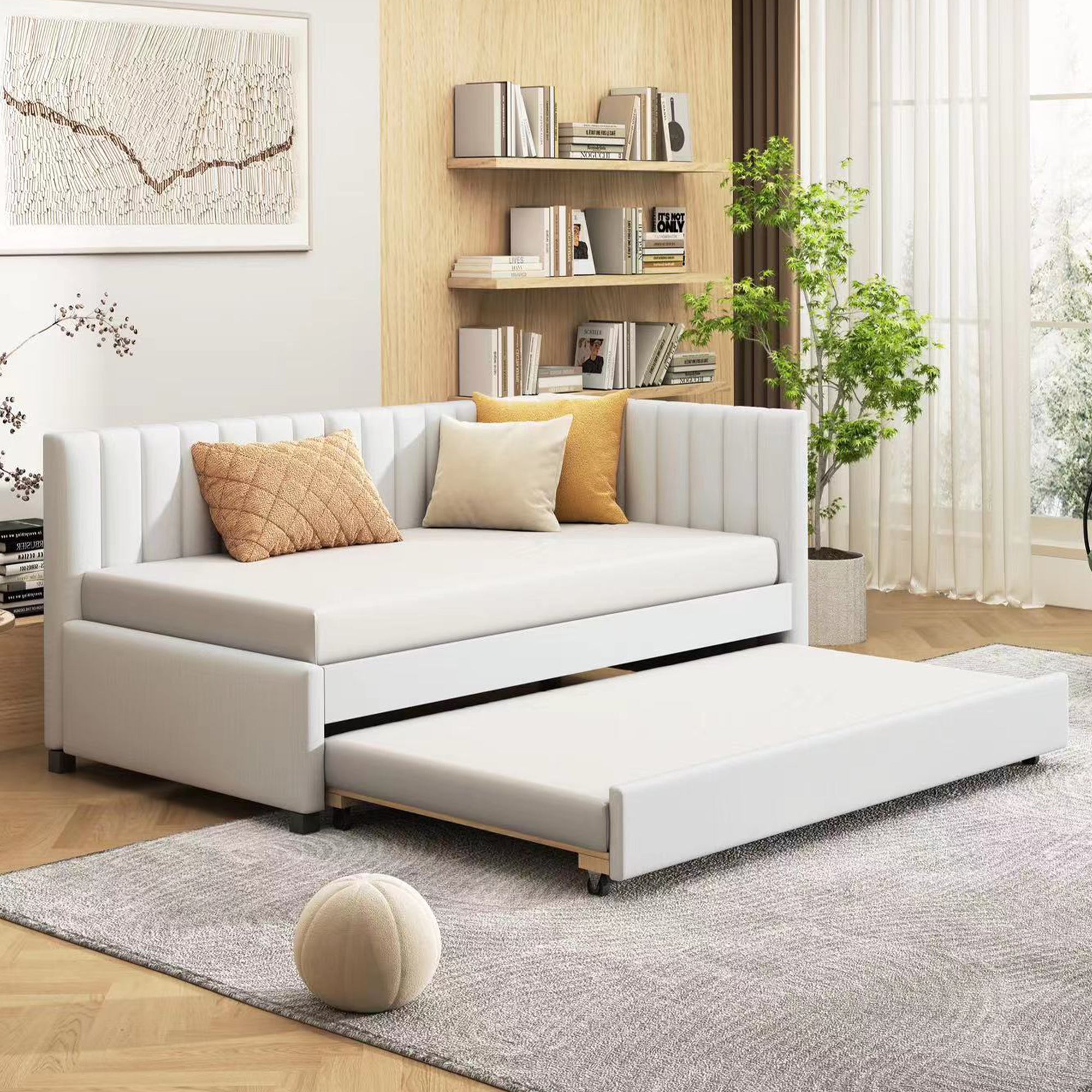 Upholstered Daybed with Trundle Twin Size Sofa Bed Frame No Box Spring Needed, Linen Fabric(Beige) - Atlantic Fine Furniture Melbourne FL