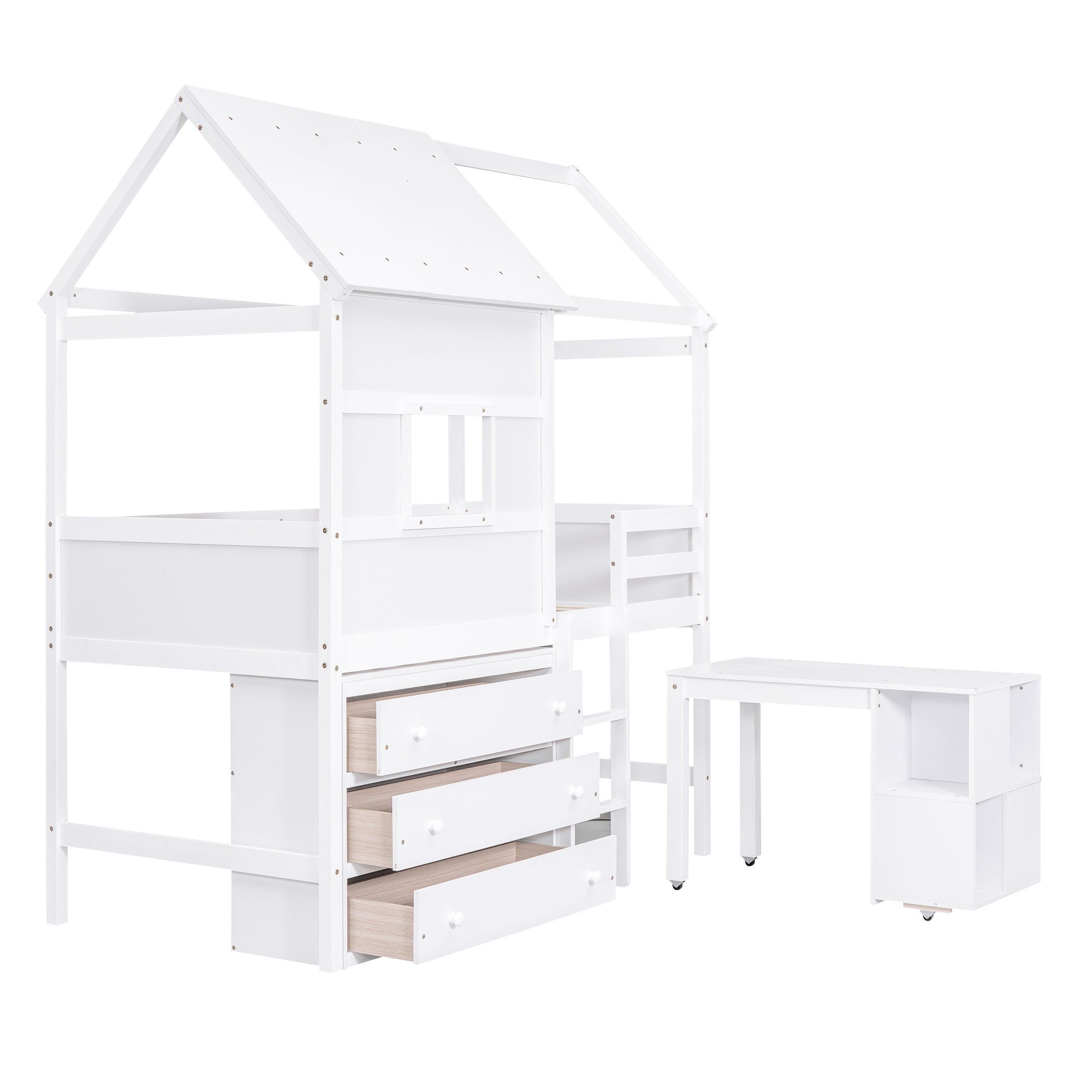 Twin Size House Loft Bed with Storage Desk and 3 Drawer Chest, White - Atlantic Fine Furniture Melbourne FL