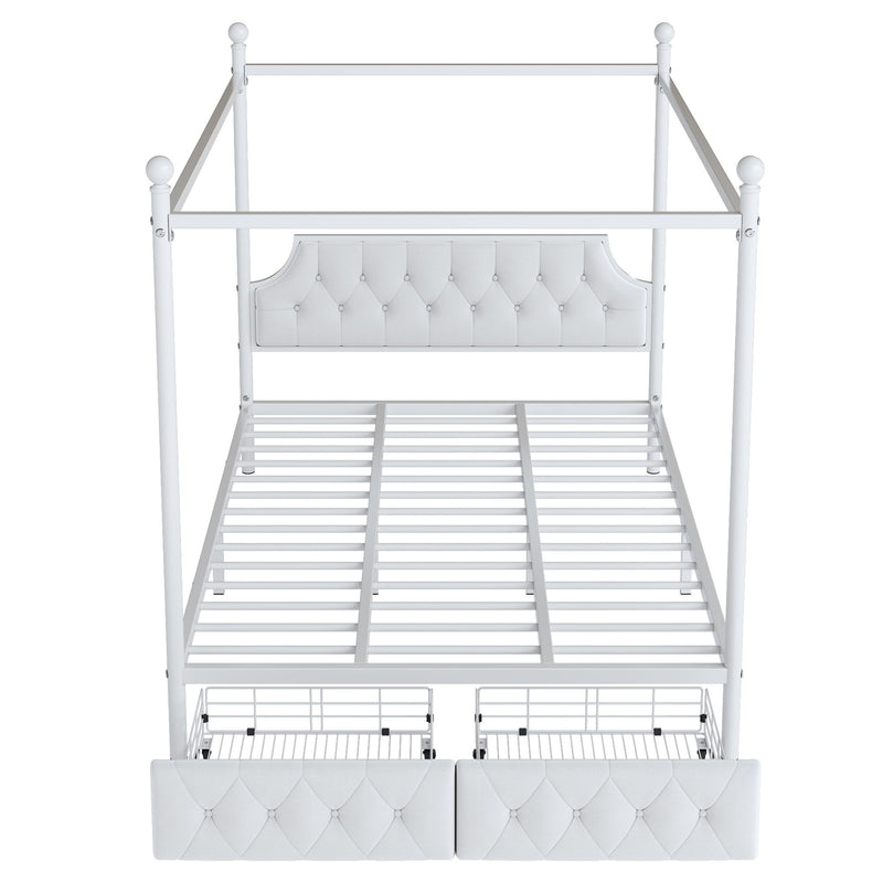 Canopy Platform Bed With Upholstered Headboard And 2 Storage Drawers - White