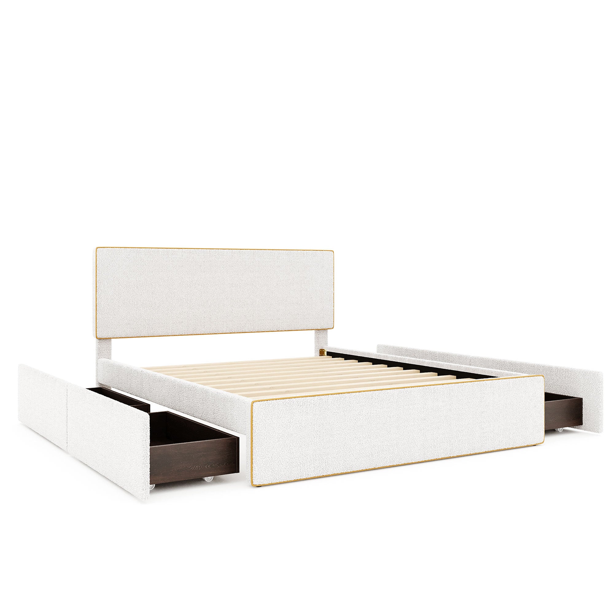 Queen Size Upholstered Platform Bed with 4 Drawers and Golden Edge on the Headboard & Footboard, White - Atlantic Fine Furniture Melbourne FL