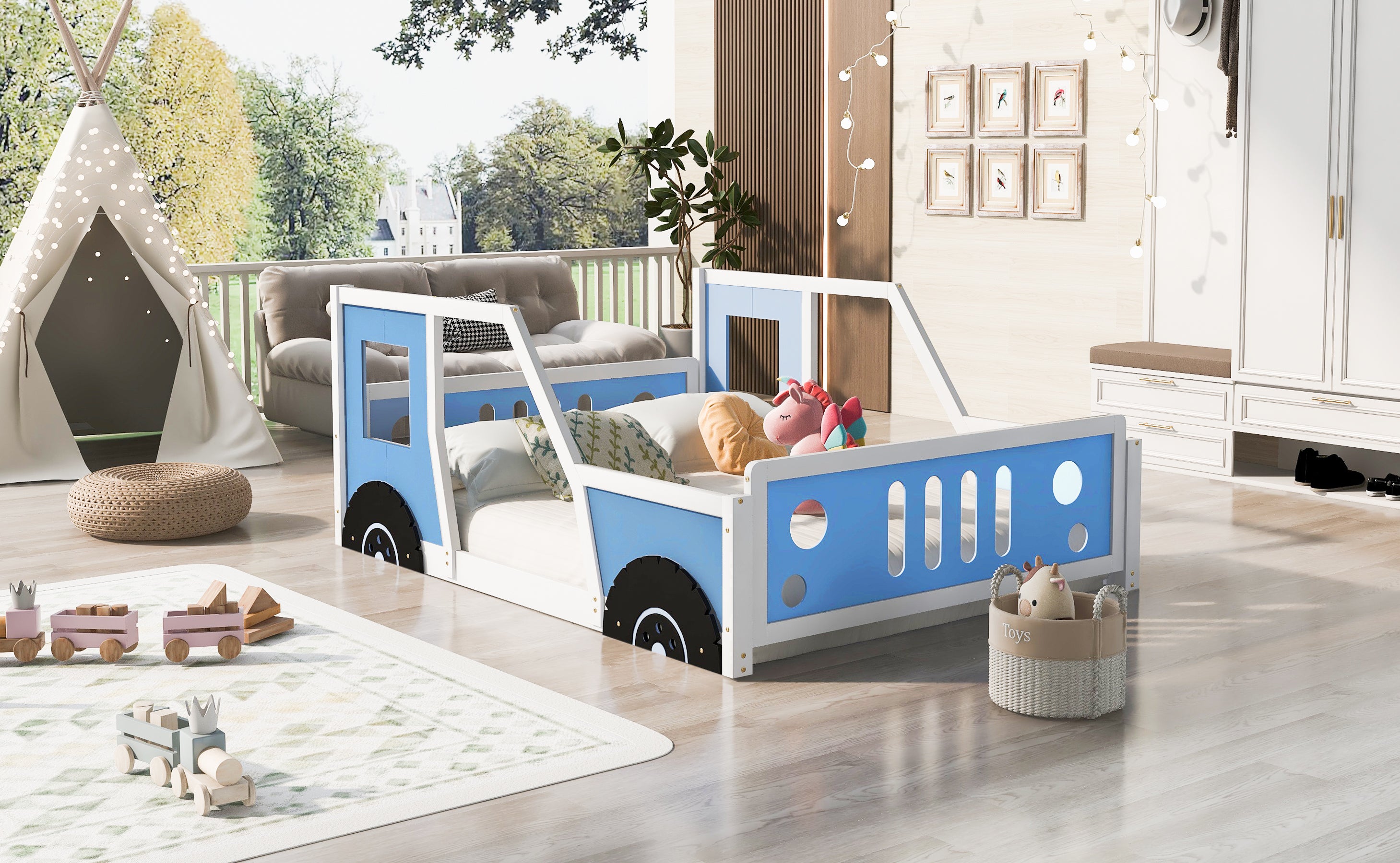 Full Size Classic Car-Shaped Platform Bed with Wheels,Blue - Atlantic Fine Furniture Melbourne FL