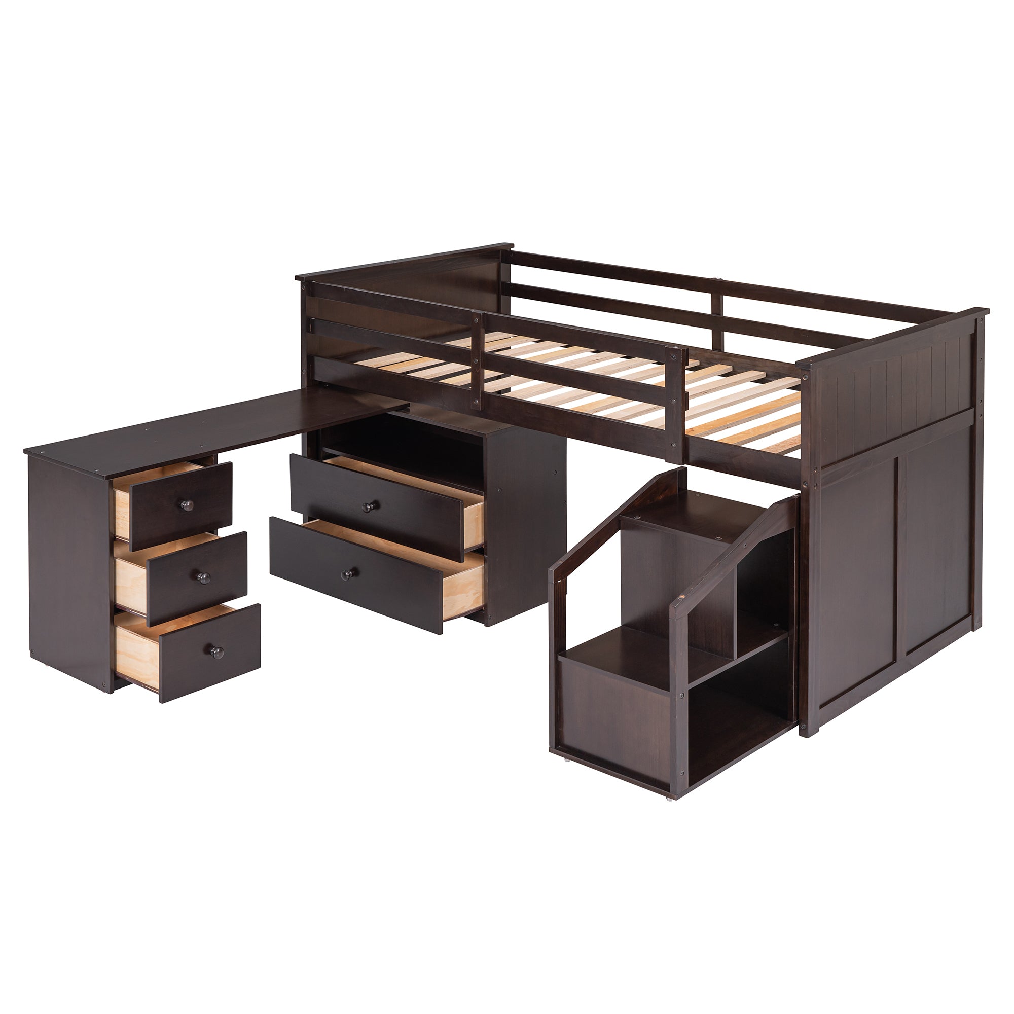 Loft Bed Low Study Twin Size Loft Bed With Storage Steps and Portable,Desk,Espresso(OLD SKU: LT000101AAP) - Atlantic Fine Furniture Melbourne FL