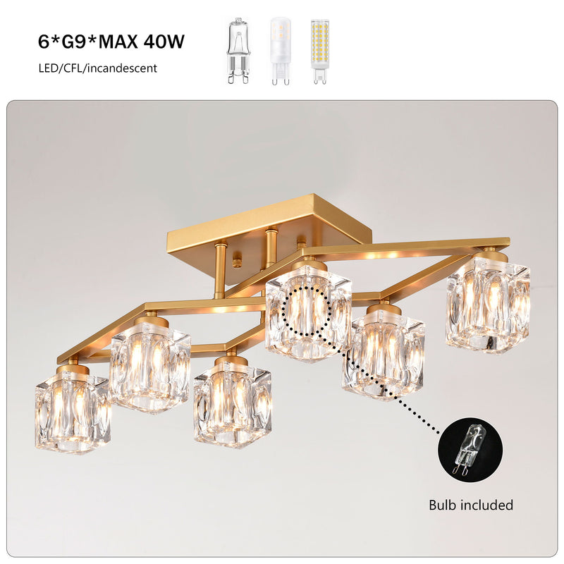 6 Light Crystal Ceiling Light For Dining Room, Modern Ceiling Lamp With Light Fixture For Entryway, Lobby, Kitchen, Bedroom, Living Room, Conference Room, (6*G9 Bulbs Included)