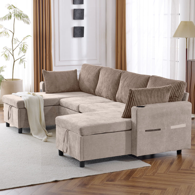 Sectional Sofa Pull Out Sofa Bed Versatile Sofa Sleeper With Large Storage Space, Two USB Ports And Two Cup Holders For Living Room