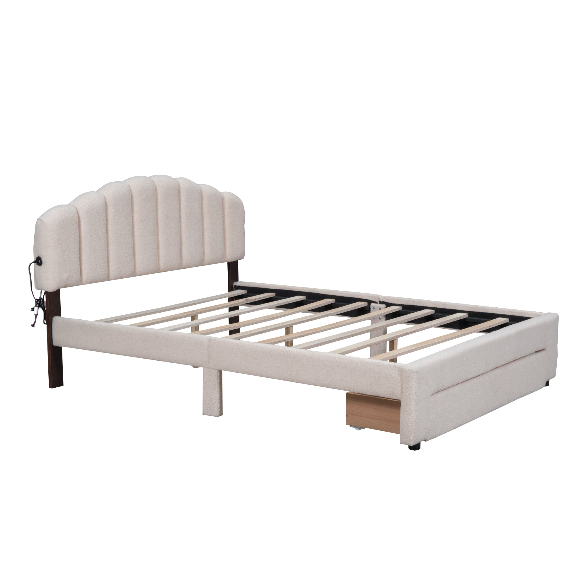 Teddy Fleece Queen Size Upholstered Platform Bed with Drawer, Beige - Atlantic Fine Furniture Melbourne FL