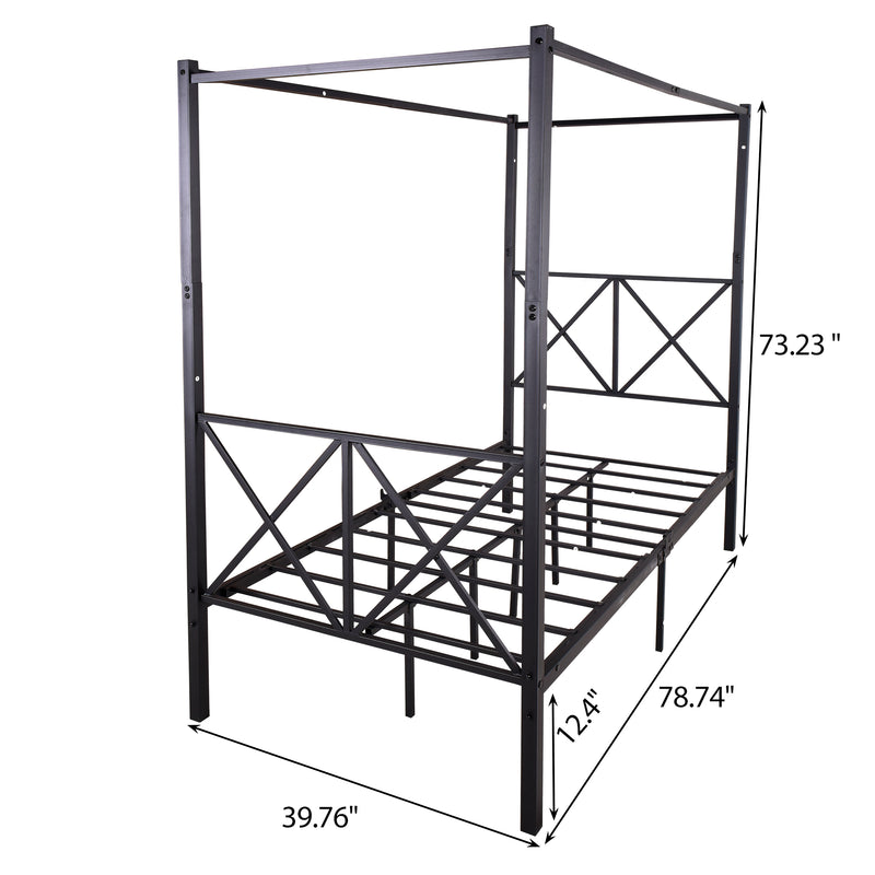 Twin Size Metal Canopy Bed Frame, Platform Bed Frame  with X Shaped Frame Black