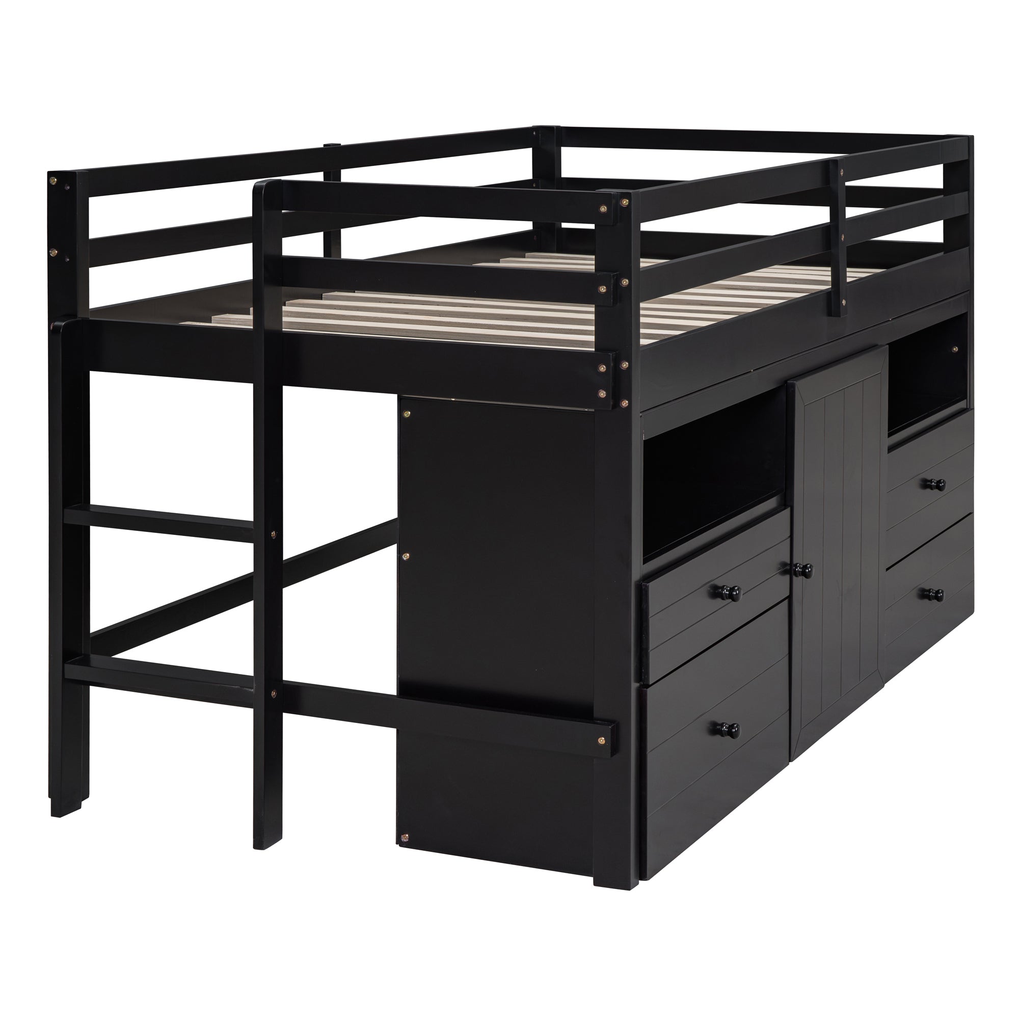 Twin Size Loft Bed with 4 Drawers, Underneath Cabinet and Shelves, Espresso - Atlantic Fine Furniture Melbourne FL