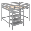 Full Size Loft Bed with Built-in Storage Staircase and Hanger for Clothes, Gray