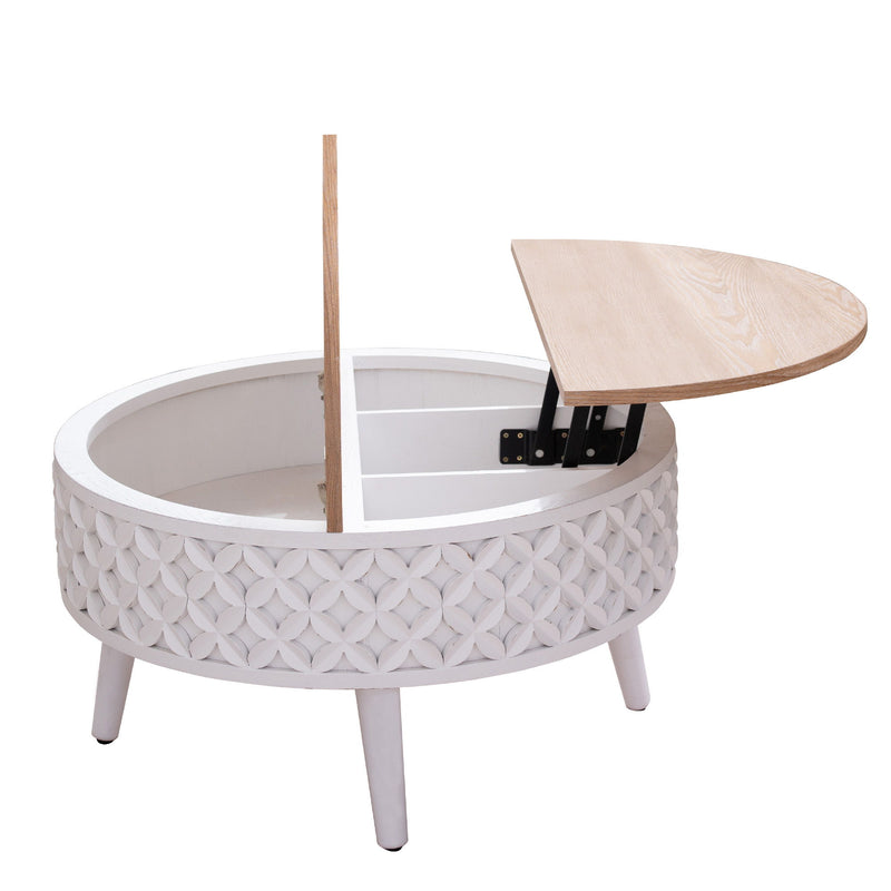 Round Coffee Table With Storage - White / Light Oak