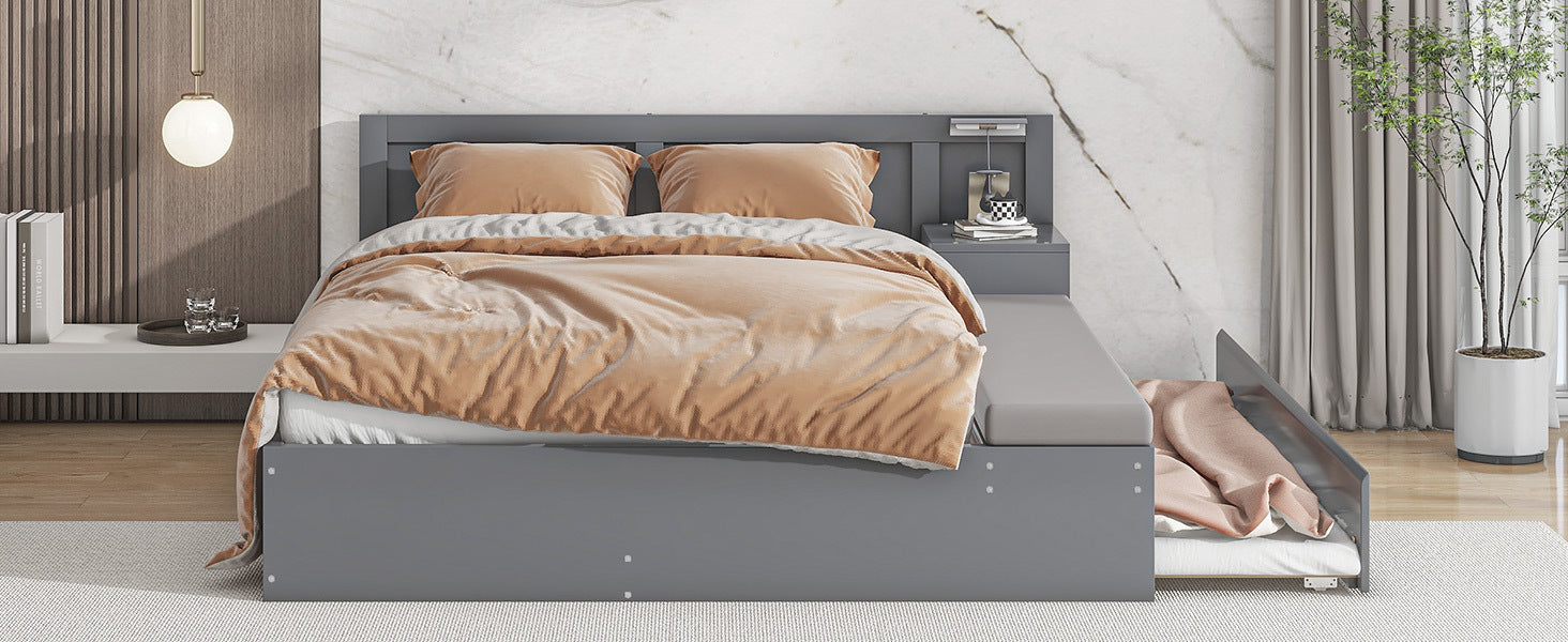 Full Size Wood Storage Hydraulic Platform Bed with Twin Size Trundle, Side Table and Lounge, Gray - Atlantic Fine Furniture Melbourne FL