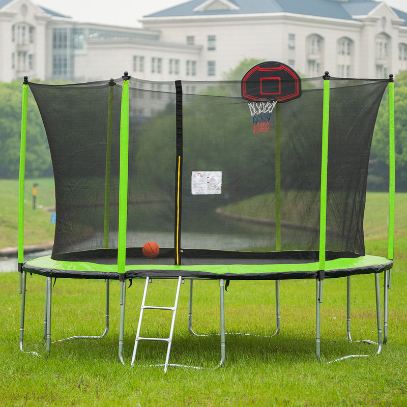 14Ft Trampoline With Basketball Hoop Inflator And Ladder (Inner Safety Enclosure) - Green