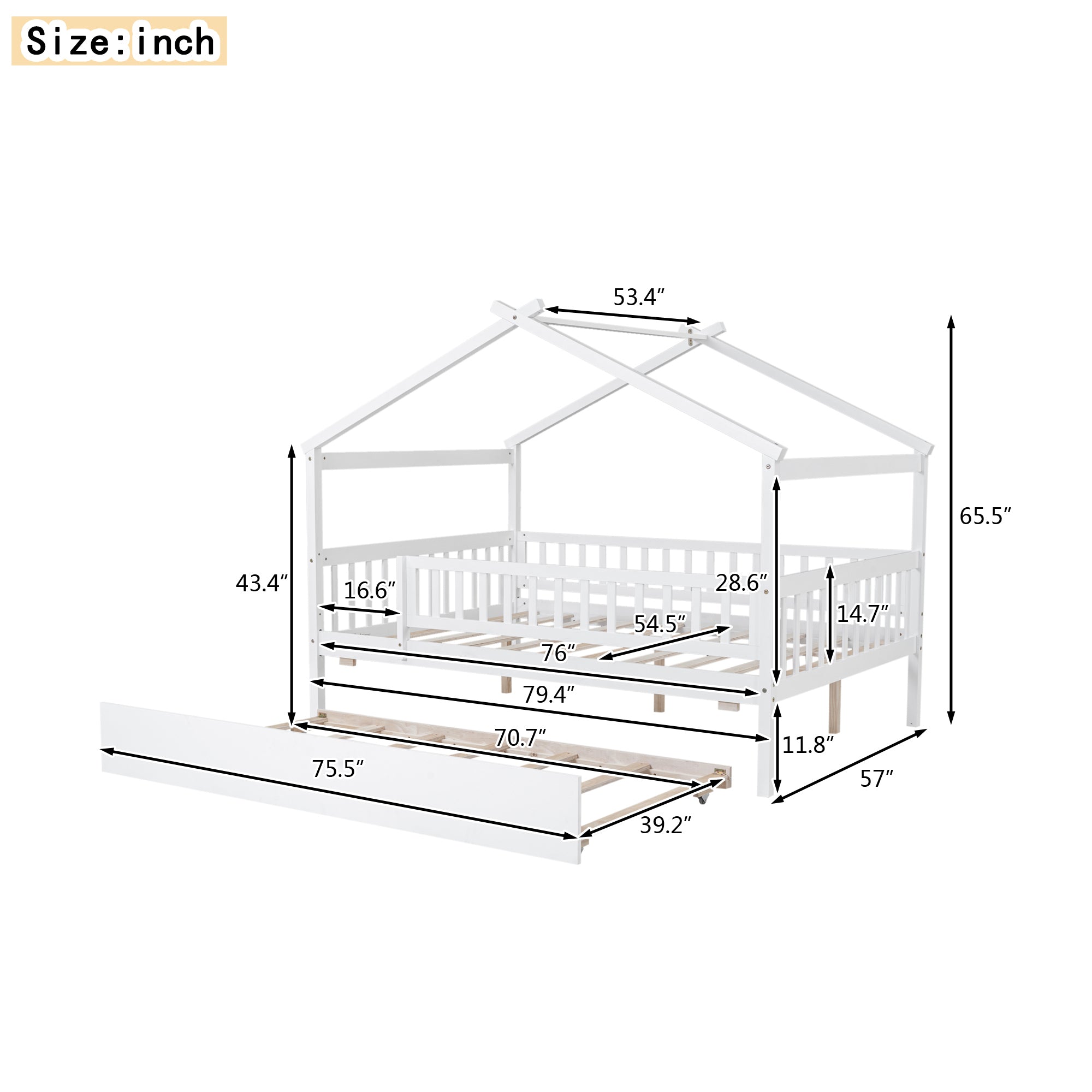 Full Size Wooden House Bed with Twin Size Trundle, White - Atlantic Fine Furniture Melbourne FL