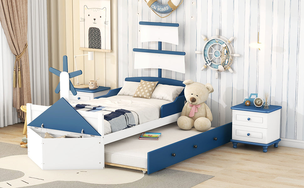 3-Pieces Bedroom Sets,Twin Size Boat-Shaped Platform Bed with  Trundle and Two Nightstands,White+Blue - Atlantic Fine Furniture Melbourne FL
