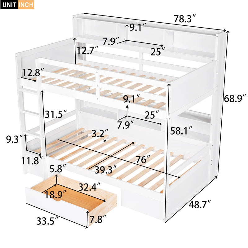 Twin Size Bunk Bed with Built-in Shelves Beside both Upper and Down Bed and Storage Drawer,White