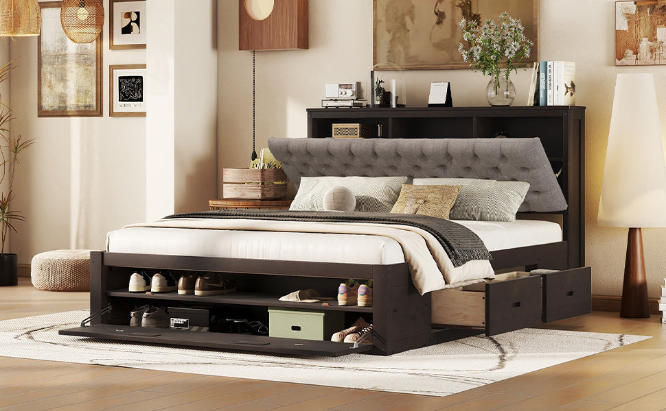 Wood Queen Size Platform Bed with Storage Headboard, shoe rack and 4 drawers,Espresso - Atlantic Fine Furniture Melbourne FL