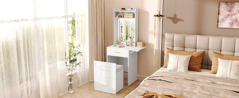 Small Vanity Desk With Mirror And Light, Dressing Table With Charging Station & Fold Up Panel For Small Space, Compact Makeup Vanity Set With Hidden Stool For Bedroom - White