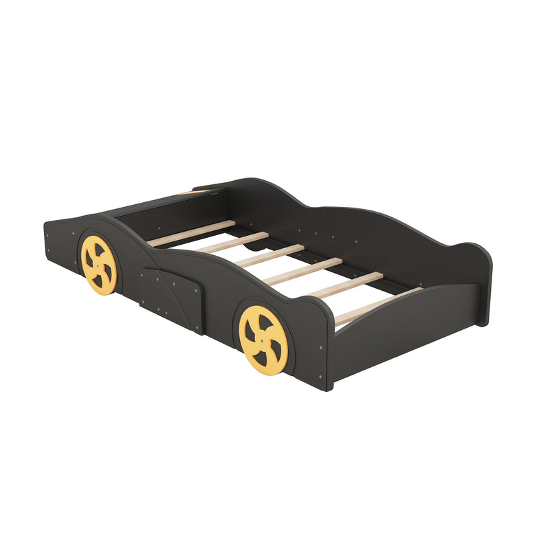 Twin Size Race Car-Shaped Platform Bed with Wheels and Storage, Black+Yellow