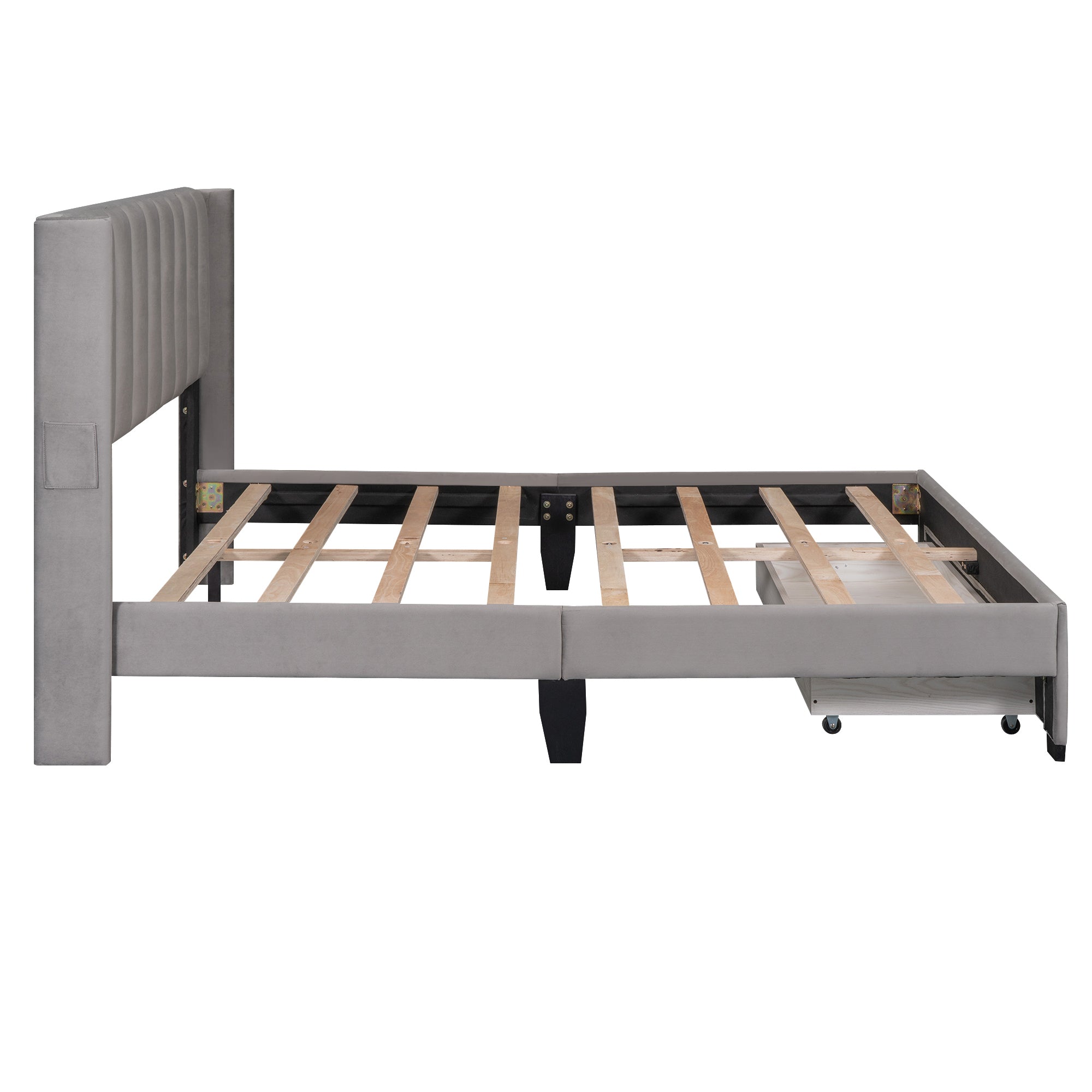 Queen Size Storage Bed Velvet Upholstered Platform Bed with a Big Drawer - Gray - Atlantic Fine Furniture Melbourne FL