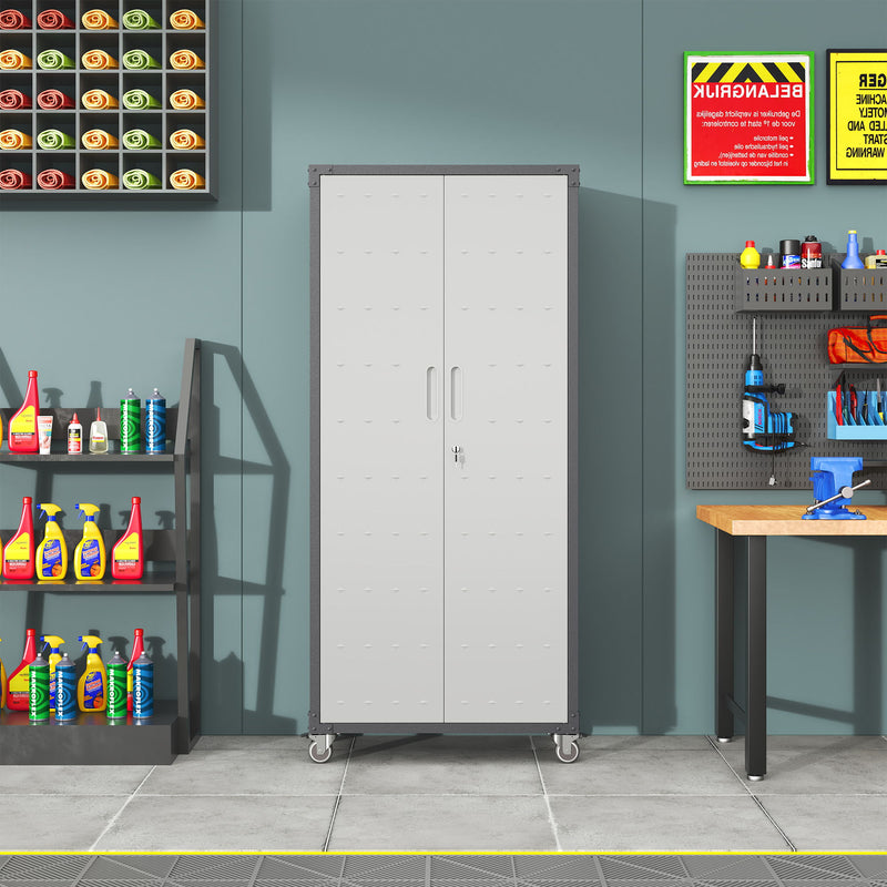 Metal Garage Storage Cabinet With Wheels Heavy Duty Tool Storage Cabinet - Brushed Nickel