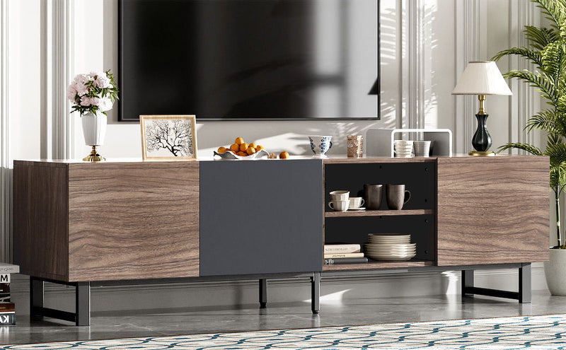 Modern TV With 3 Cabinets & Open Shelves, Color-Matching Media Console Table For Tvs Up To 80'', Entertainment Center With Drop Down Door For Living Room - Dark Brown