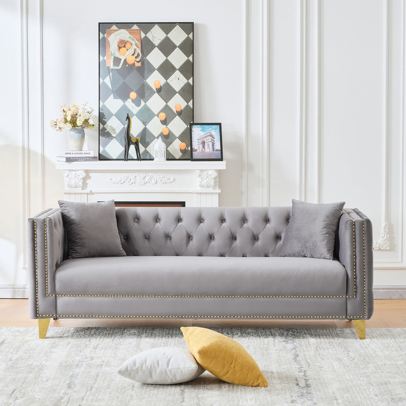 3 And 3 Seater Deep Seat Sofa With Button Nailhead And Square Arm Design - Gray