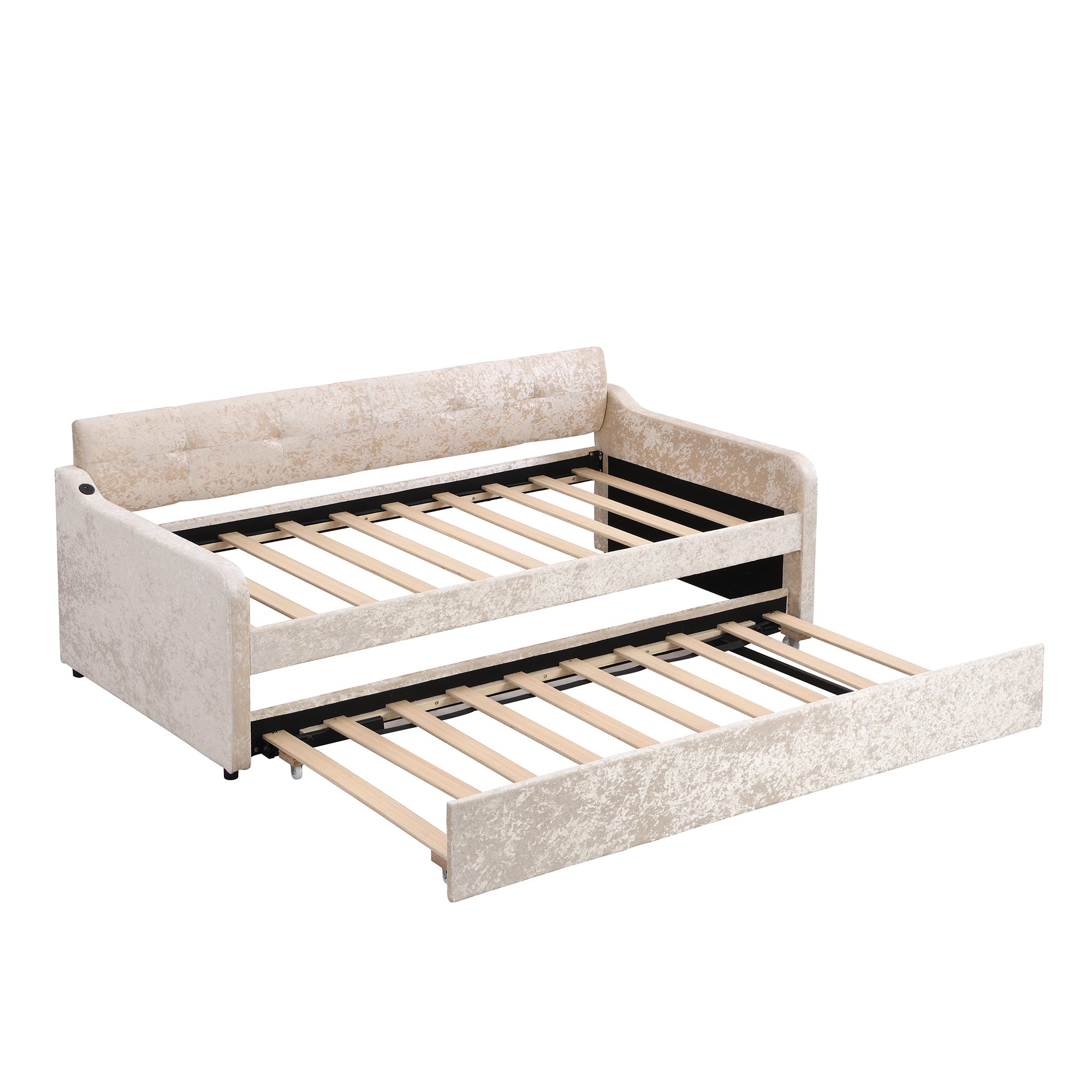 Twin Size Snowflake Velvet Daybed with Trundle and USB Charging Design,Beige - Atlantic Fine Furniture Melbourne FL