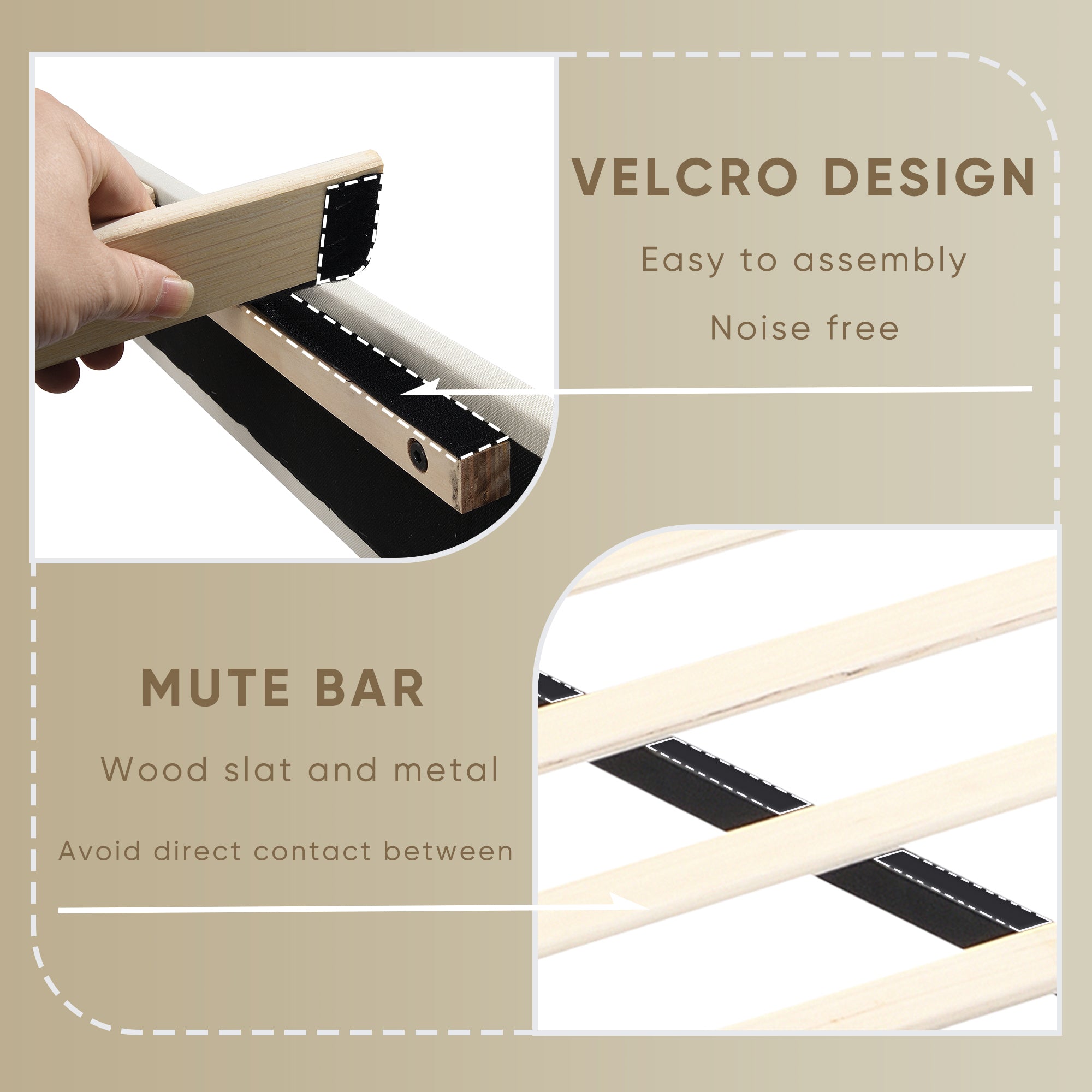 Full Size Platform Bed Frame with Fabric Upholstered Headboard and Wooden Slats, No Box Spring Needed/Easy Assembly, Beige