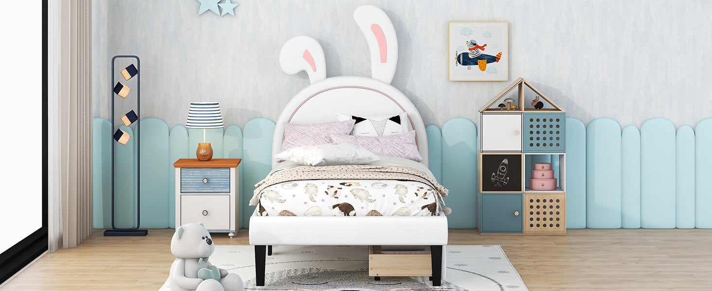 Twin Size Upholstered Leather Platform Bed with Rabbit Ornament and 2 Drawers, White - Atlantic Fine Furniture Melbourne FL