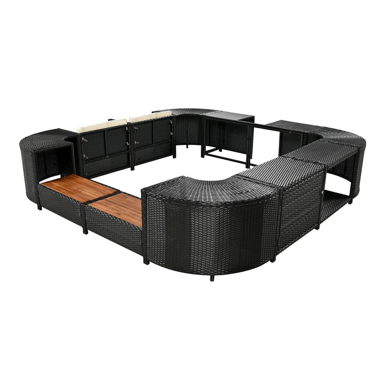 Spa Surround Spa Frame Quadrilateral Outdoor Rattan Sectional Sofa Set With Mini Sofa, Wooden Seats And Storage Spaces