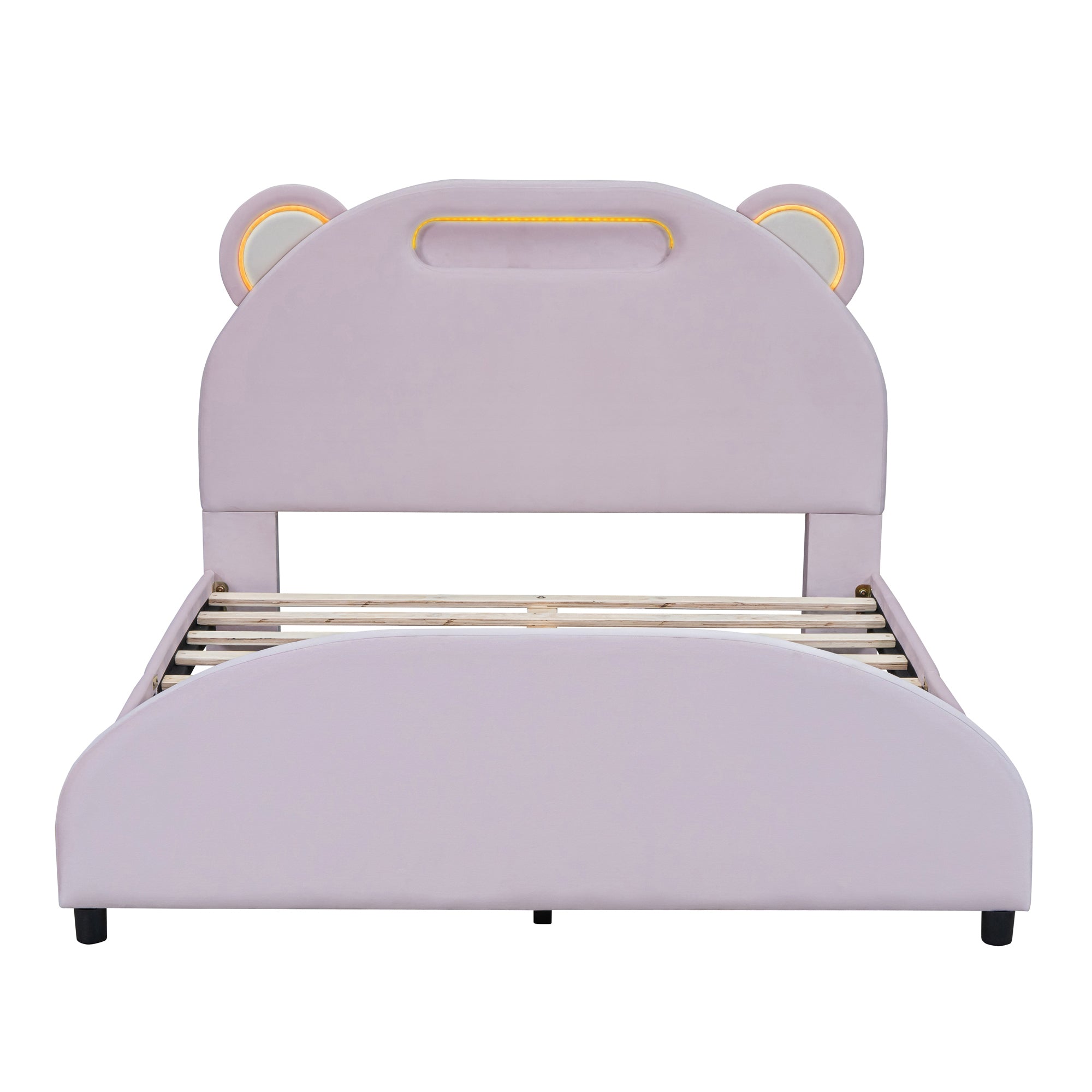Full Size Upholstered Platform Bed with Bear-Shaped Headboard and Embedded Light Stripe, Velvet, Pink - Atlantic Fine Furniture Melbourne FL
